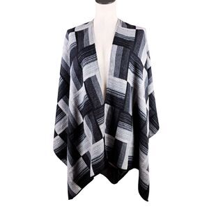 Adrienne Vittadini Color Block Soft Knit Shawl Open Cardigan Poncho Wrap OS